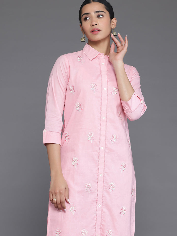Pink Embroidered Cotton Straight Kurta