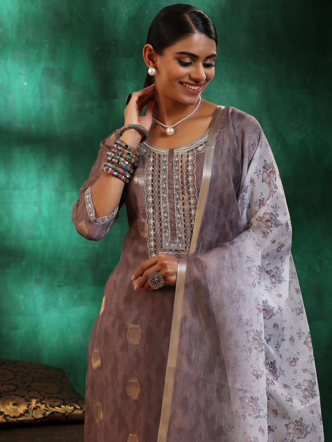 Brown Printed Silk Blend Straight Suit With Dupatta