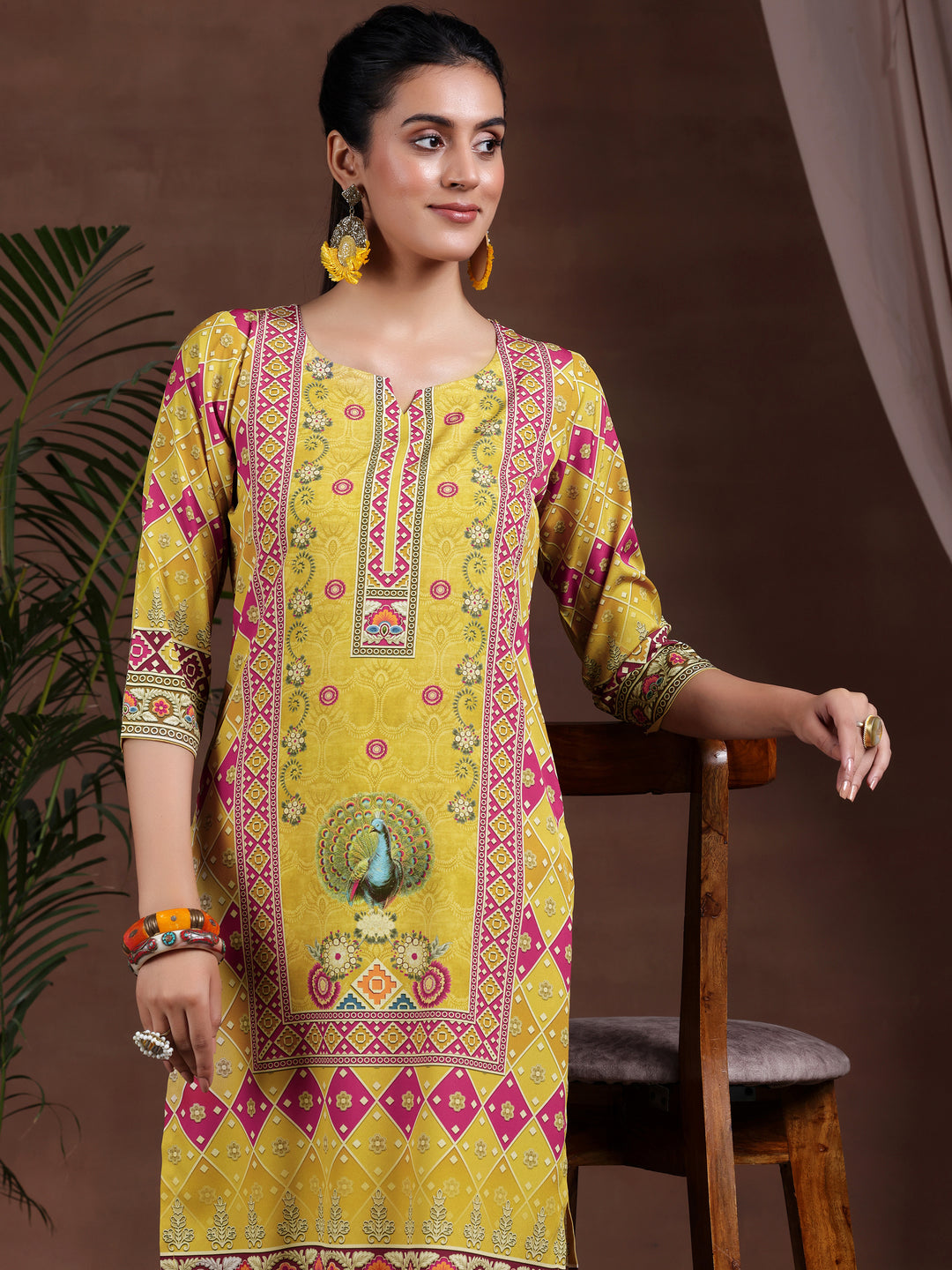 Mustard Printed Poly Crepe Straight Kurta Set