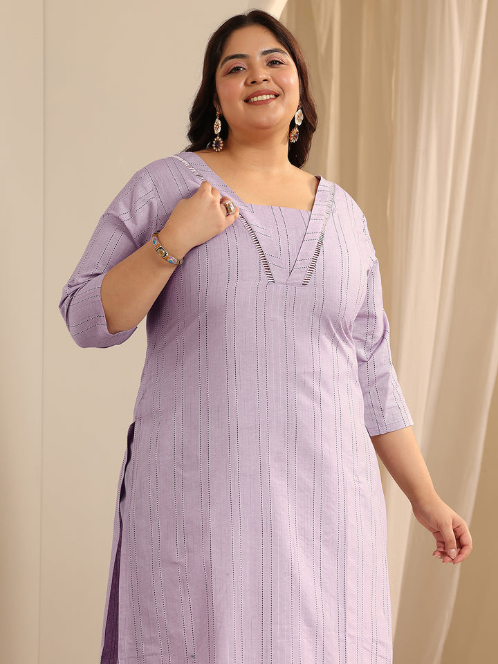 Plus Size Lavender Woven Design Cotton Blend Straight Suit Set With Dupatta