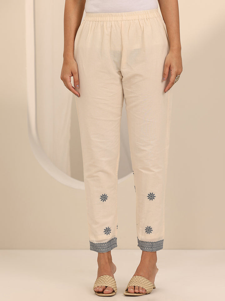 Off White Embroidered Cotton Straight Suit Set With Dupatta