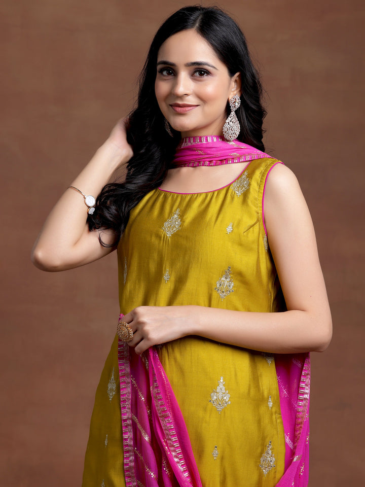 Mustard Embroidered Silk Blend Straight Suit With Dupatta