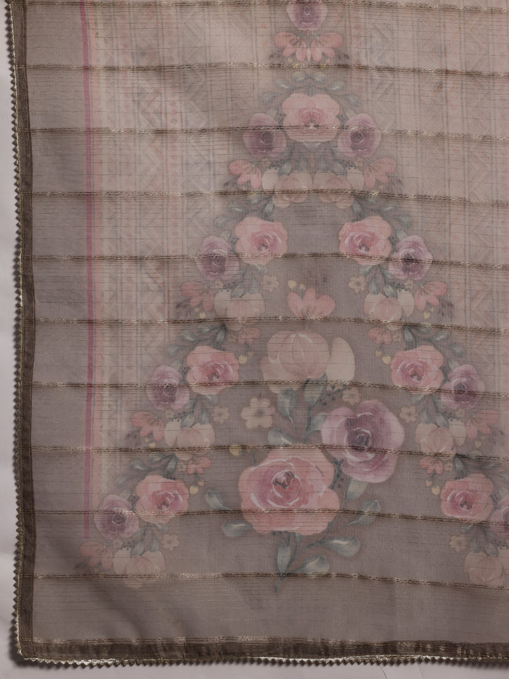 Tan Printed Organza Straight Suit With Dupatta