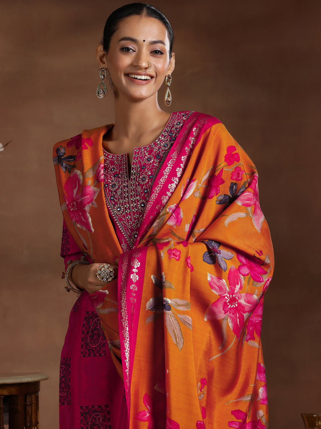 Pink Printed Silk Blend Straight Suit With Dupatta