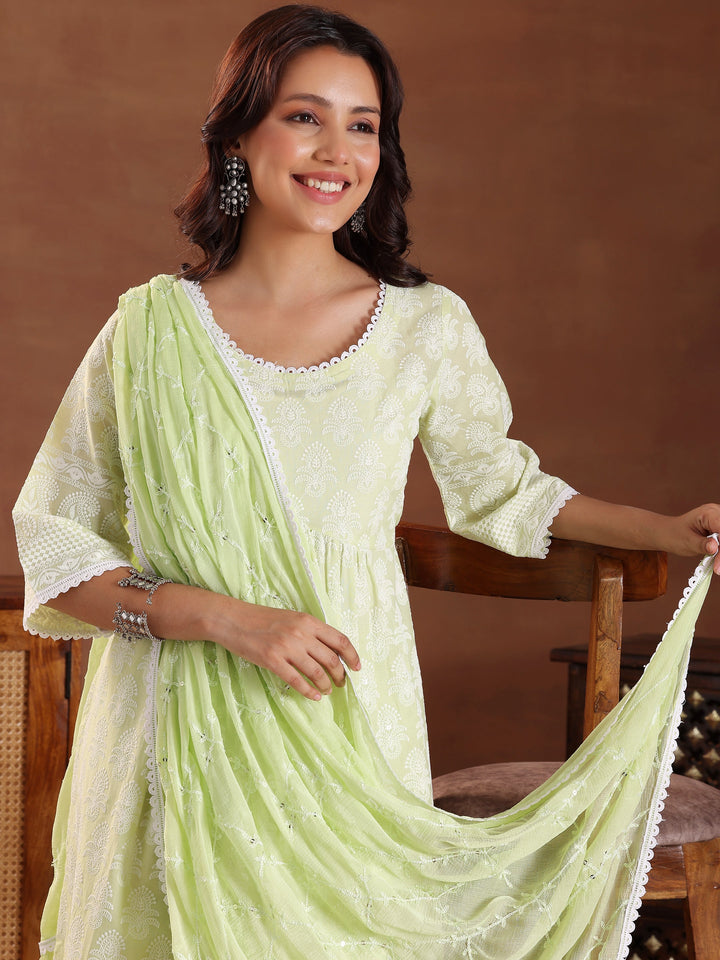 Green Embroidered Pure Cotton A-Line Kurta With Salwar & Dupatta