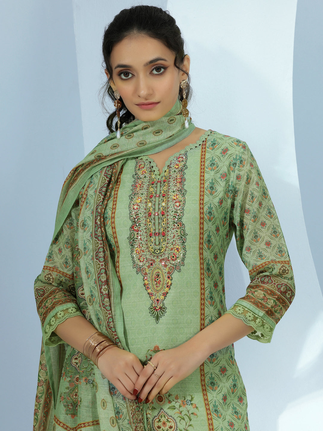 Green Printed Cotton Blend Straight Suit With Dupatta