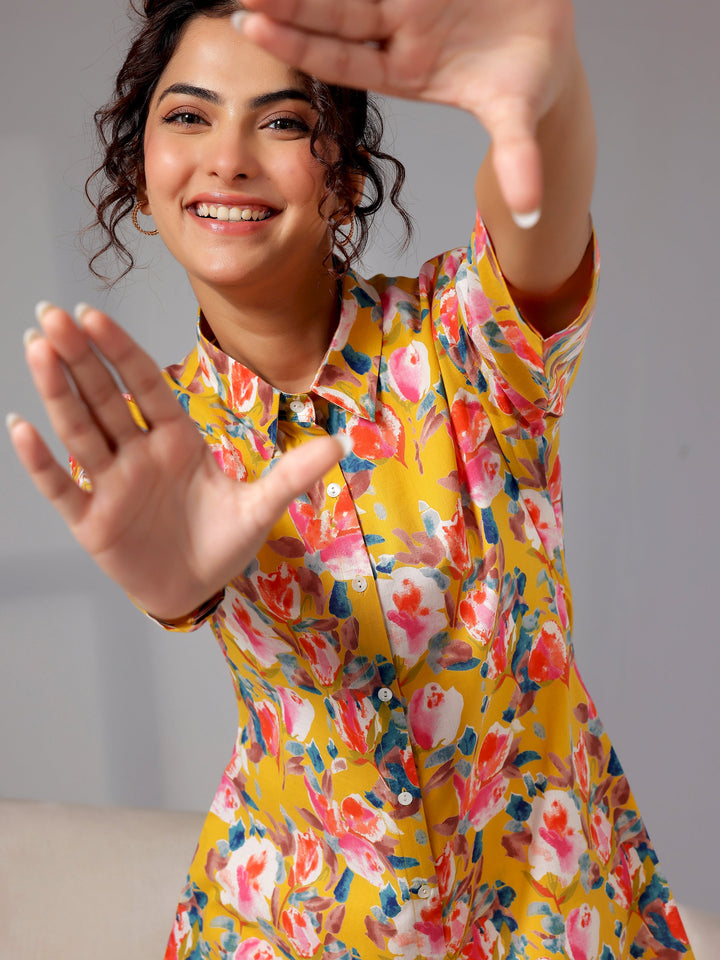 Mustard Printed Cotton Night Suits