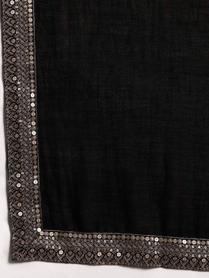 Black Embroidered Silk Blend Straight Suit With Dupatta