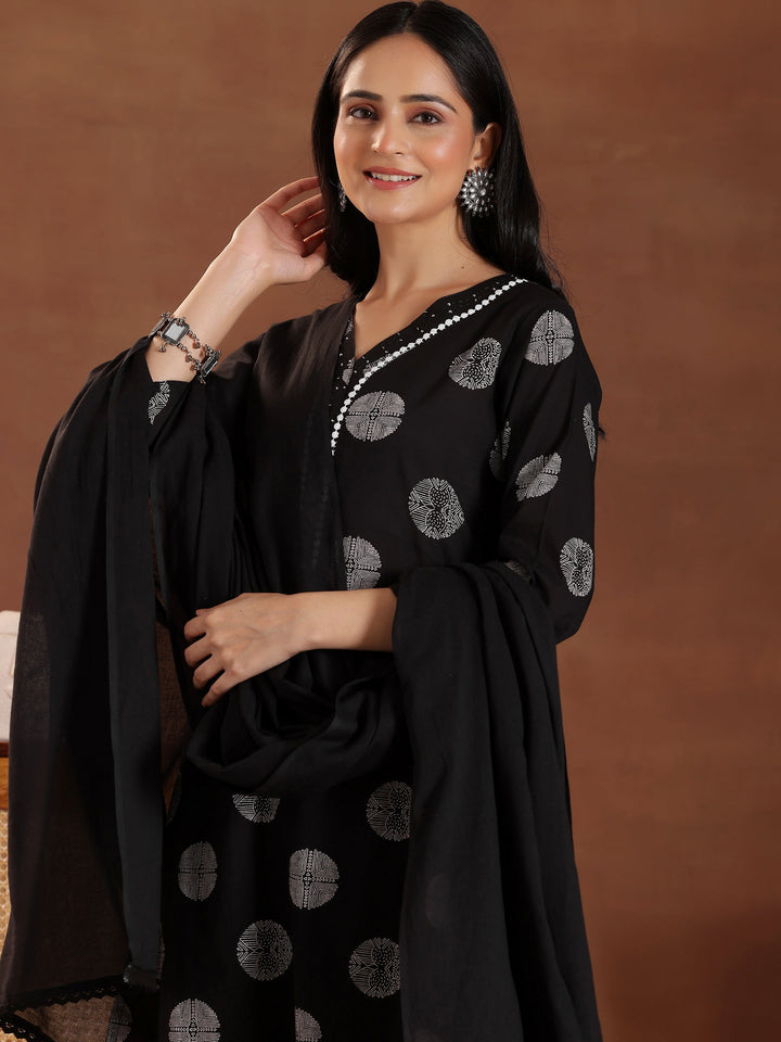 Black Printed Cotton Straight Suit With Dupatta