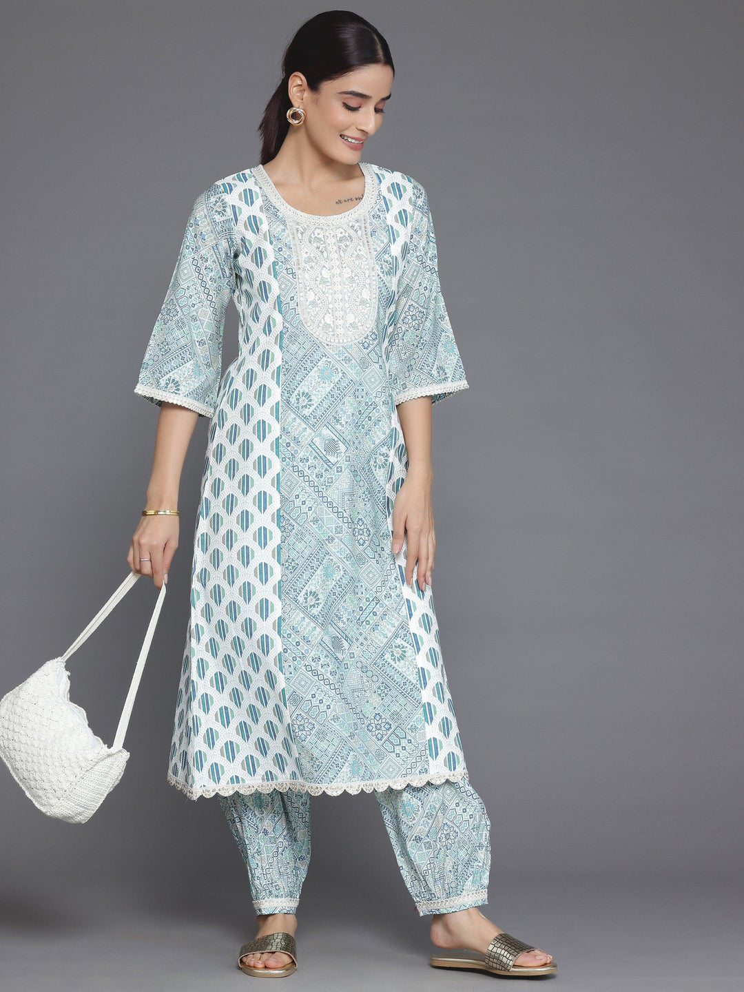 Blue Printed Silk Blend A-Line Kurta With Salwar