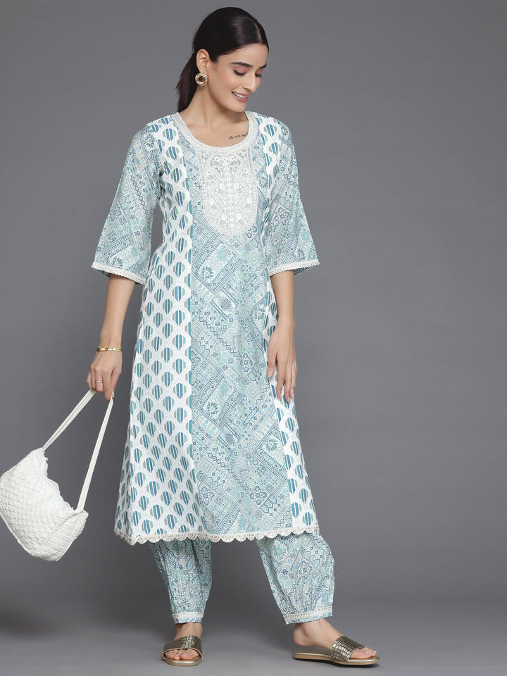 Blue Printed Silk Blend A-Line Kurta With Salwar