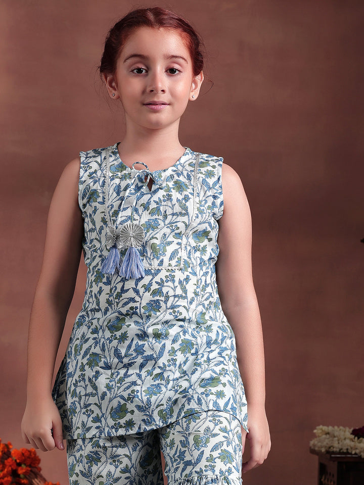 Kids White Printed Cotton Straight Kurta Set