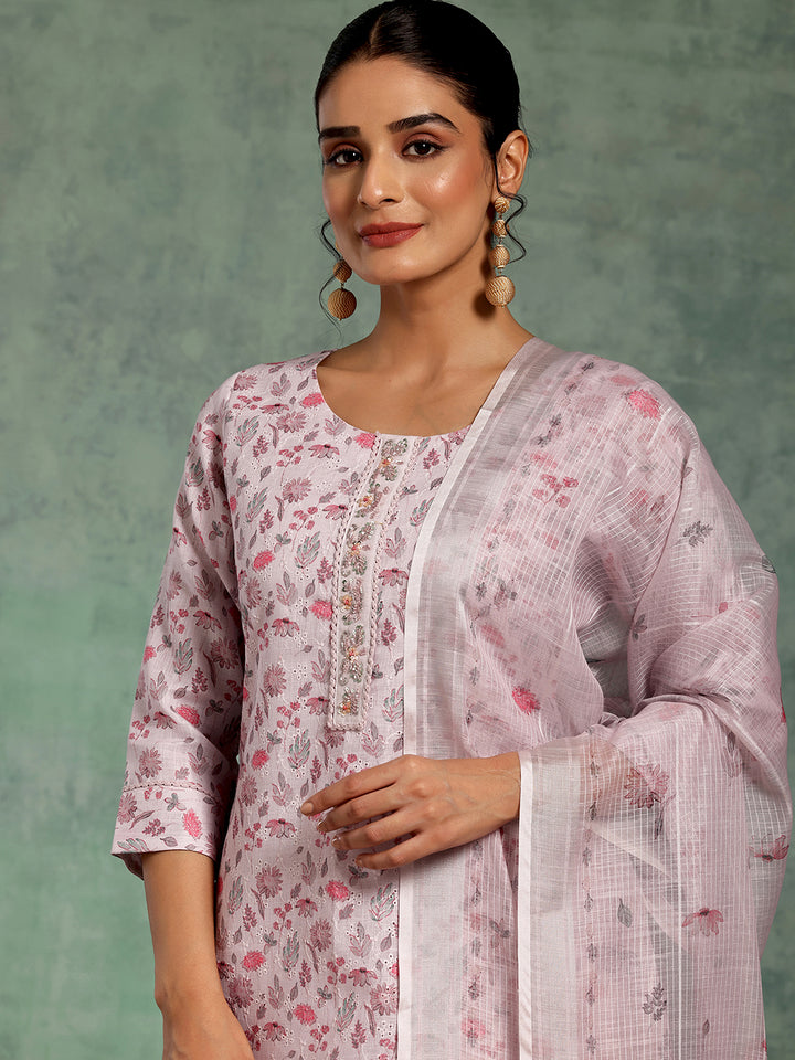 Lilac Printed Cotton Straight Suit With Dupatta