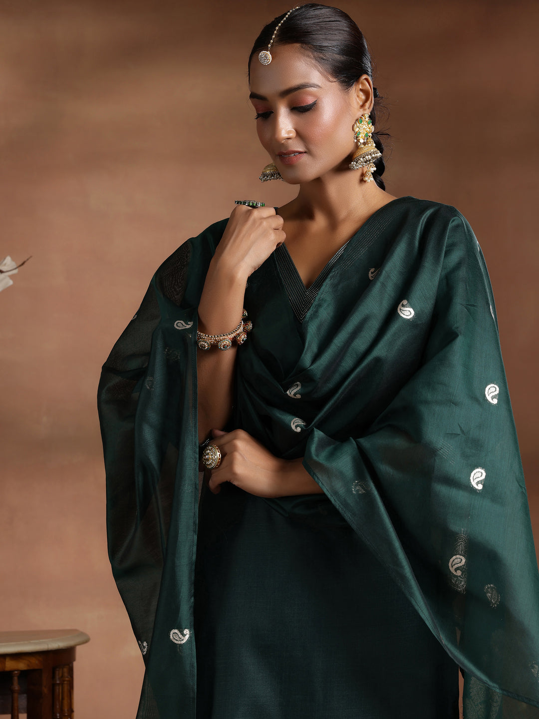 Green Solid Cotton Blend Straight Suit With Dupatta