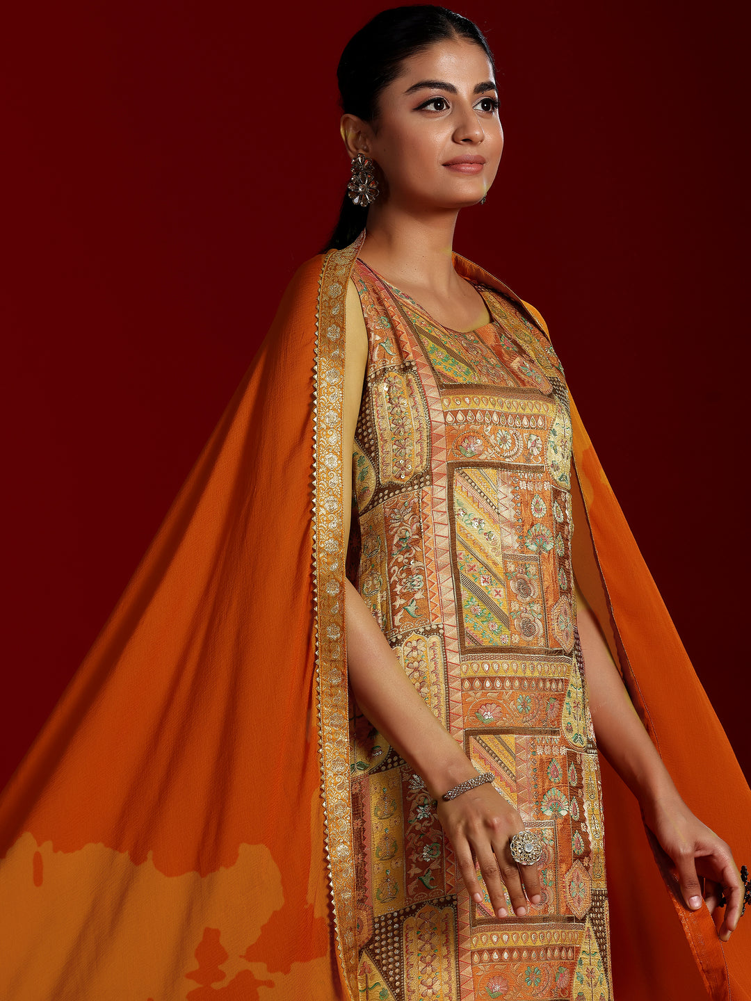 Libas Art Orange Woven Design Silk Blend Straight Suit With Dupatta