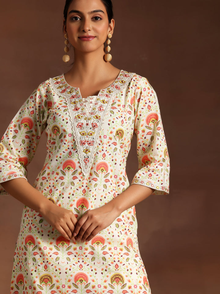 Off White Printed Cotton Straight Kurta Set