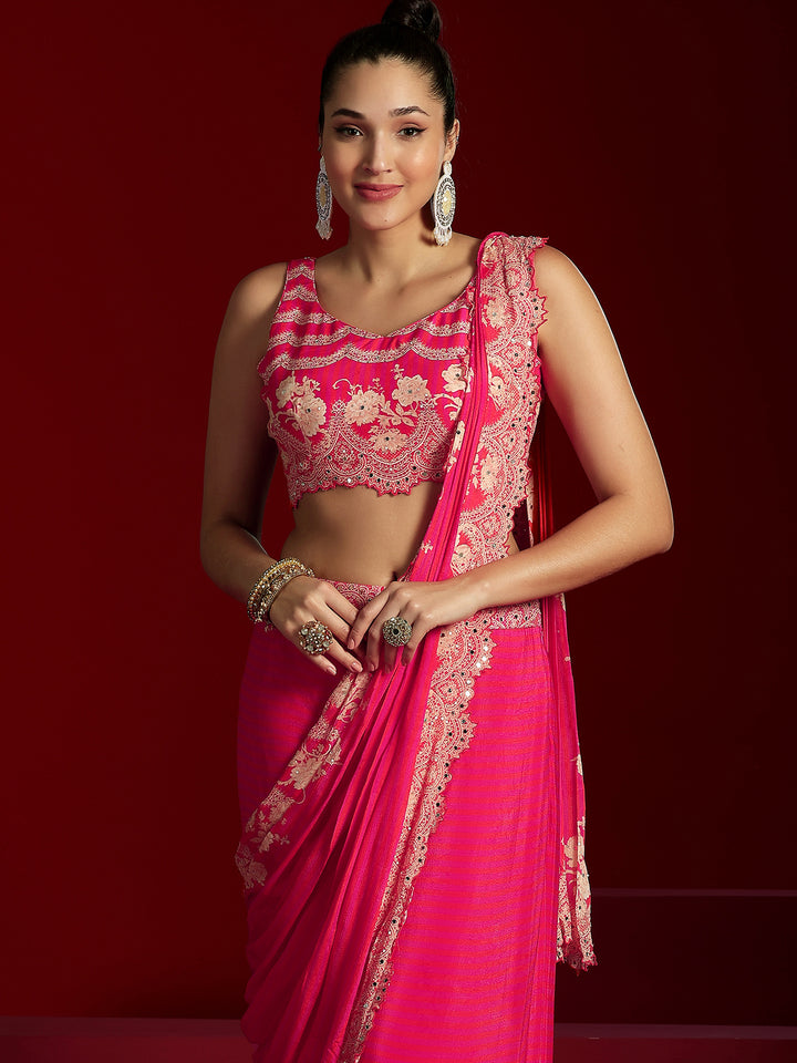Libas Art Pink Embellished Chinnon Saree