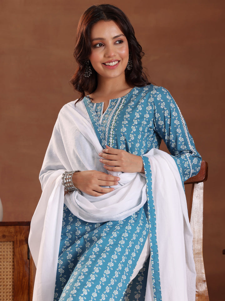 Black Printed Cotton Straight Suit With Dupatta