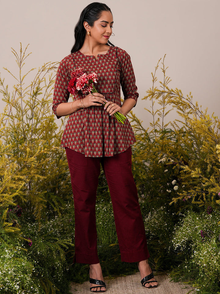 Maroon Printed Cotton A-Line Kurti