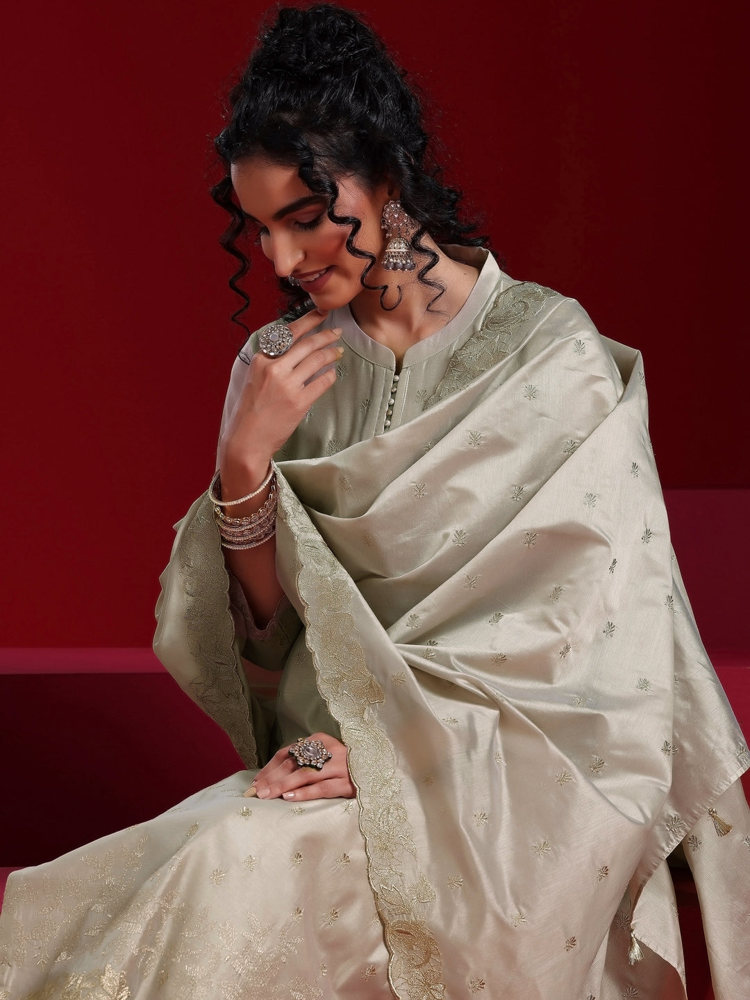 Libas Art Grey Embroidered Chanderi Silk Straight Suit With Dupatta