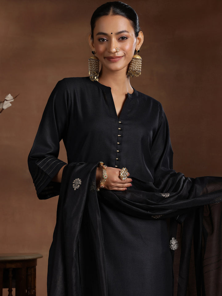 Black Solid Cotton Blend Straight Suit With Dupatta