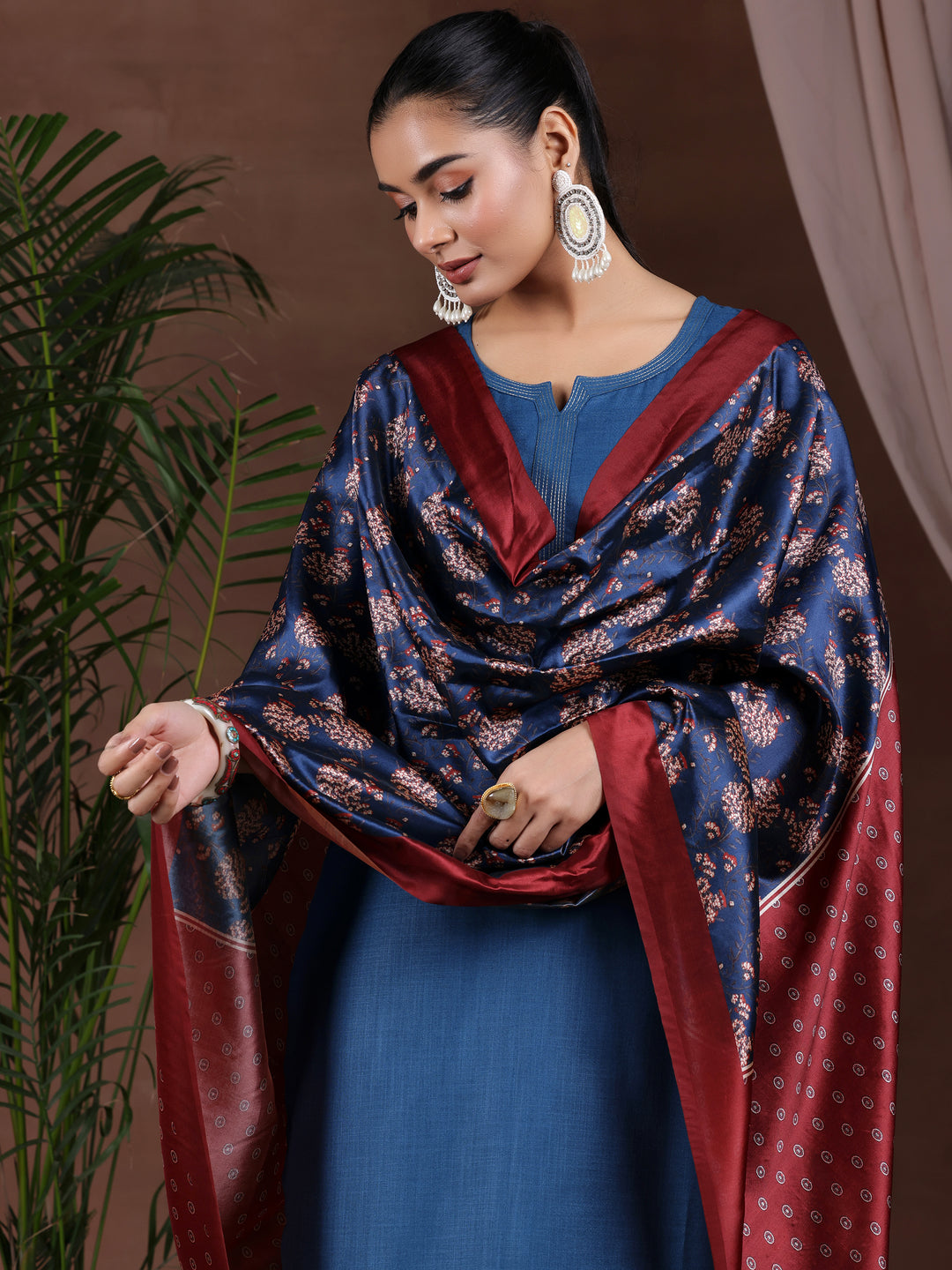 Navy Blue Solid Cotton Blend Straight Suit With Dupatta