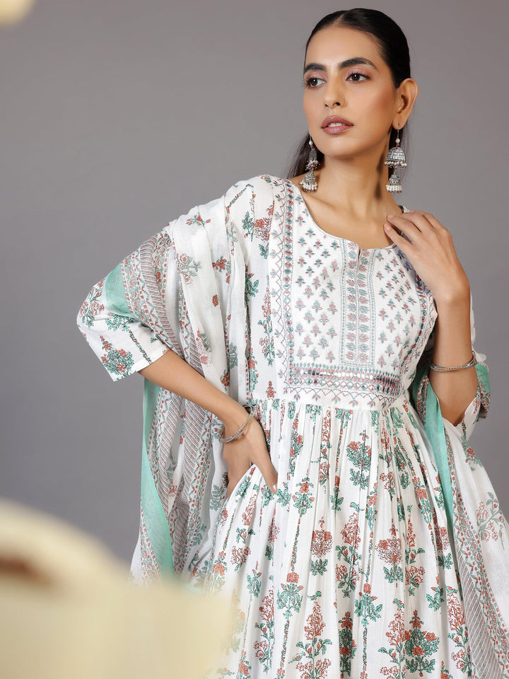 Off White Printed Cotton Anarkali Suit With Dupatta