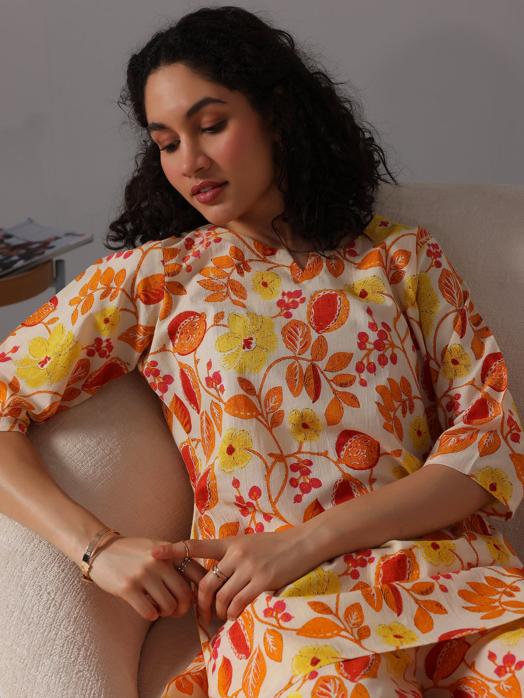 Yellow Printed Cotton Night Suits