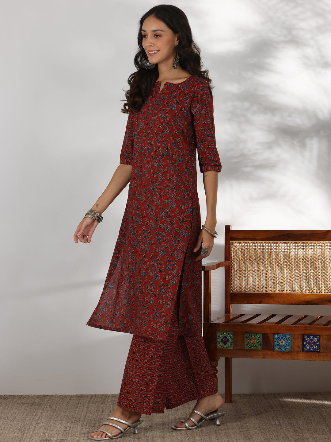 Rust Printed Cotton Straight Suit With Dupatta