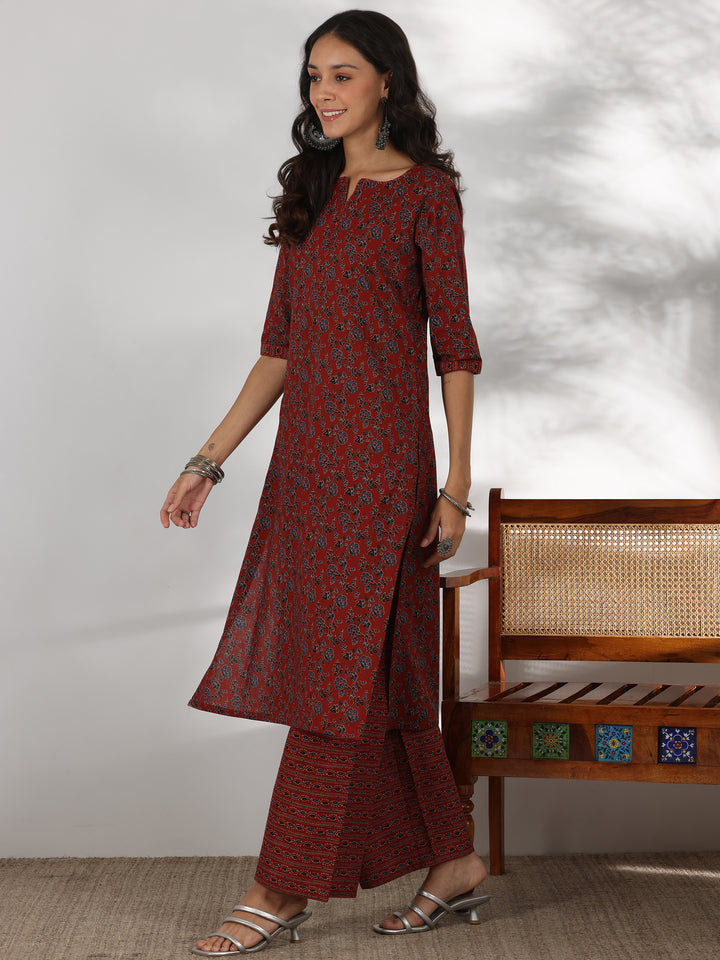 Rust Printed Cotton Straight Suit With Dupatta
