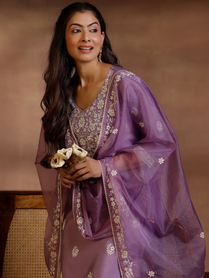 Mauve Embroidered Silk Blend Straight Suit With Dupatta