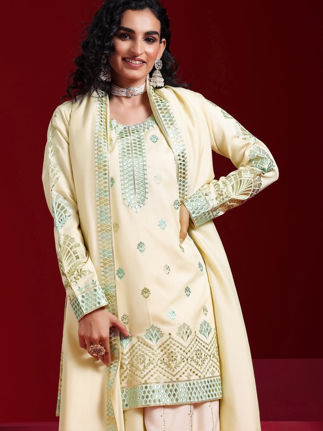 Libas Art Beige Embroidered Silk Blend Straight Suit With Dupatta