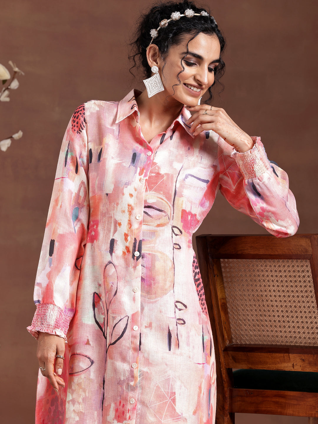 Peach Printed Cotton Blend A-Line Dress