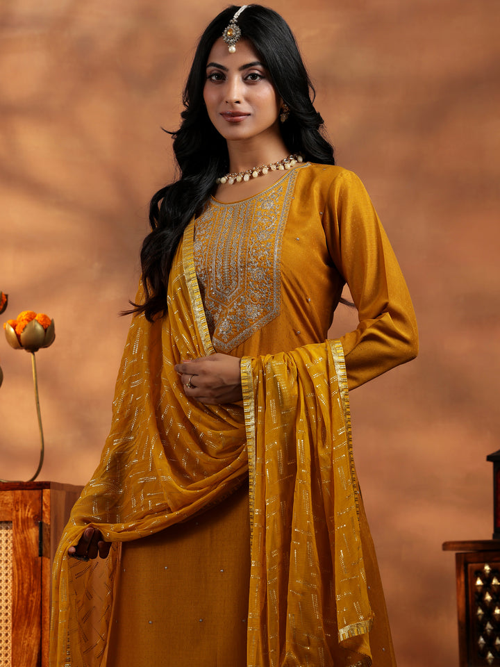Mustard Embroidered Silk Blend Straight Suit With Dupatta