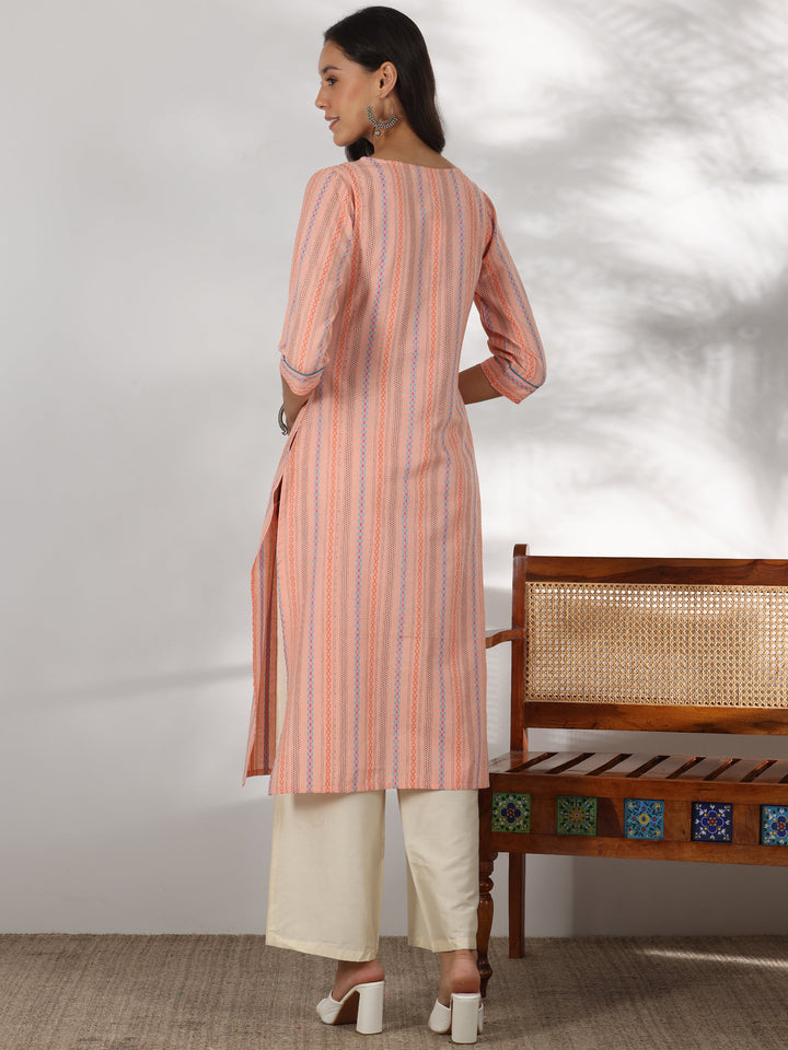 Peach Woven Design Cotton Straight Kurta