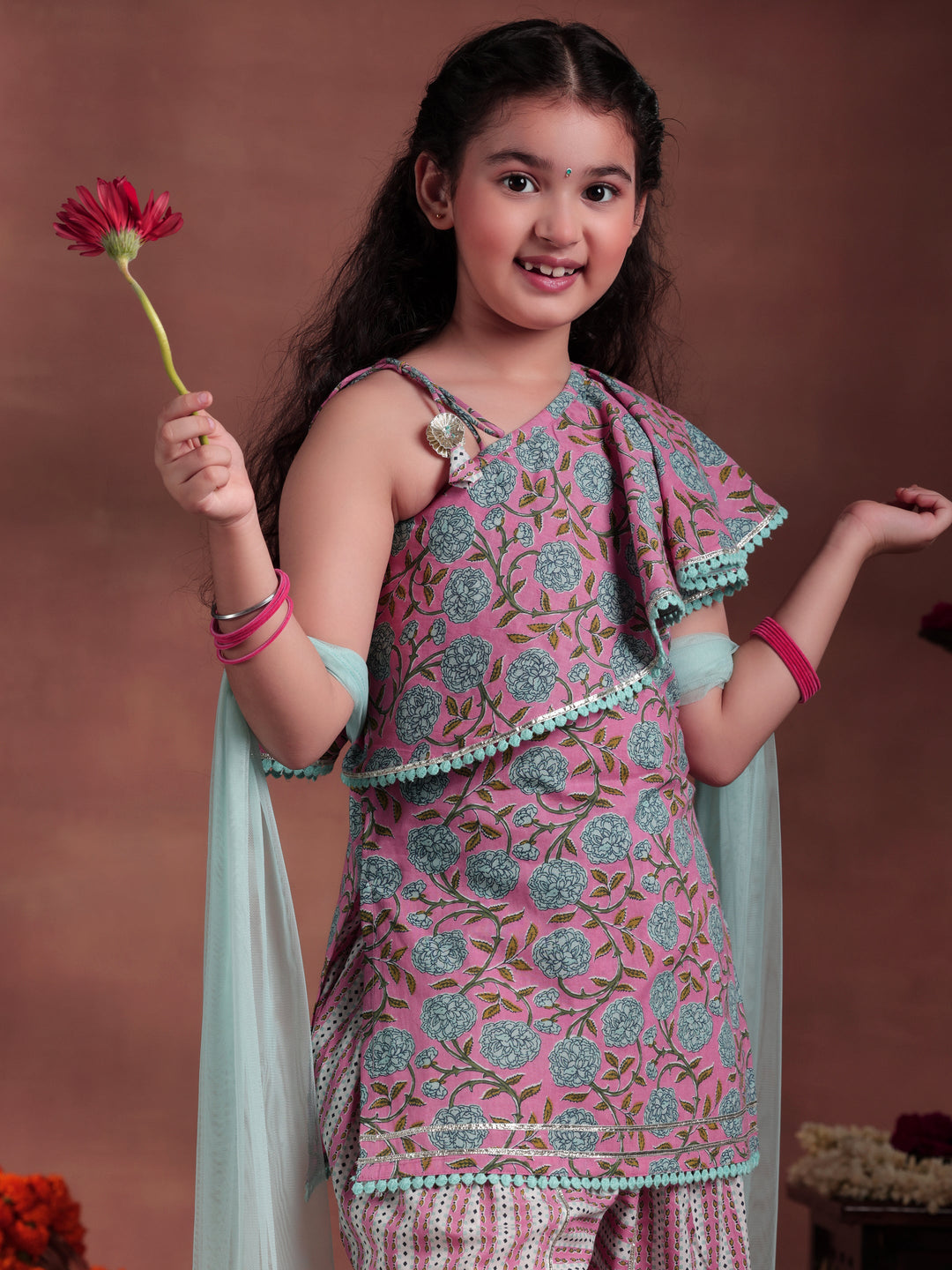 Kids Pink Printed Cotton Straight Kurta With Dhoti Pants & Dupatta