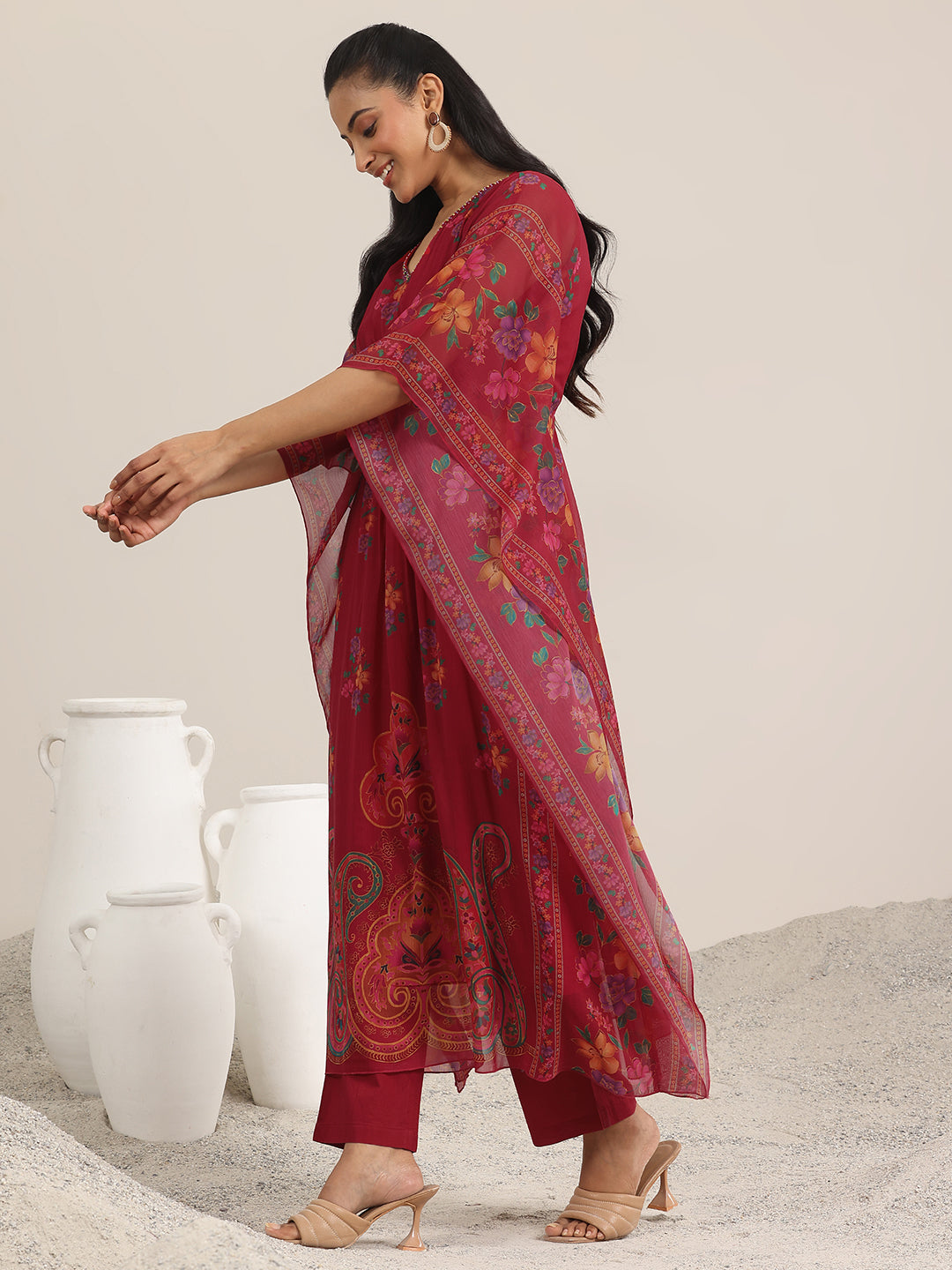 Maroon Printed Chiffon A-line Kurta Set