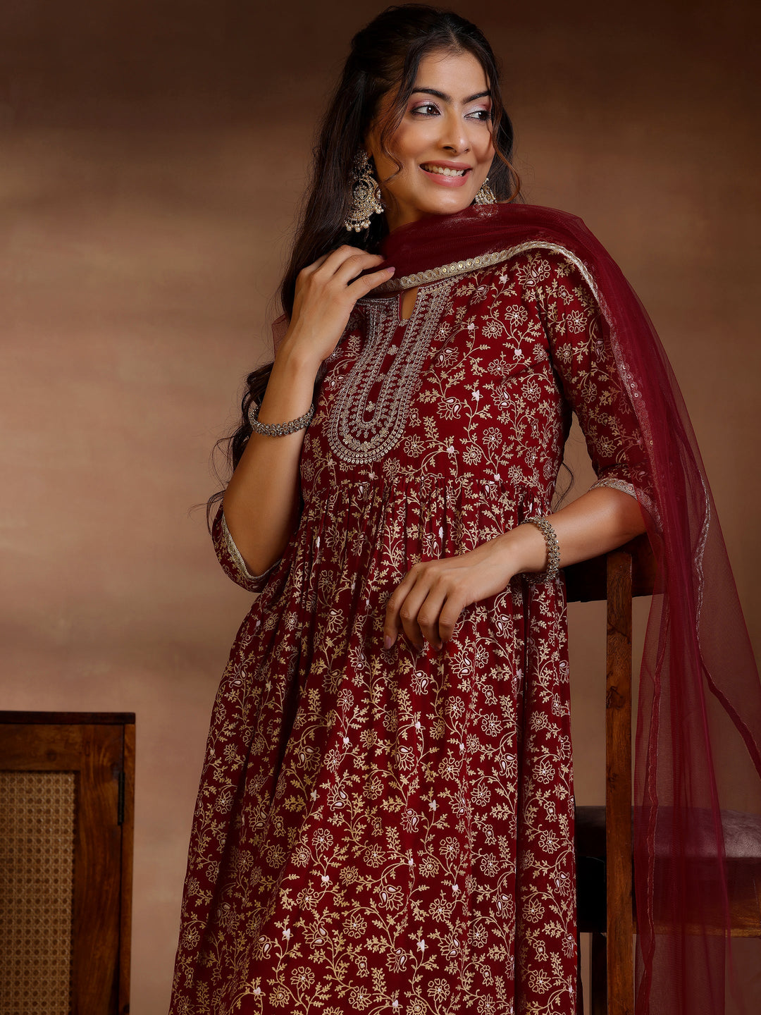 Maroon Printed Georgette A-Line Kurta With Trousers & Dupatta