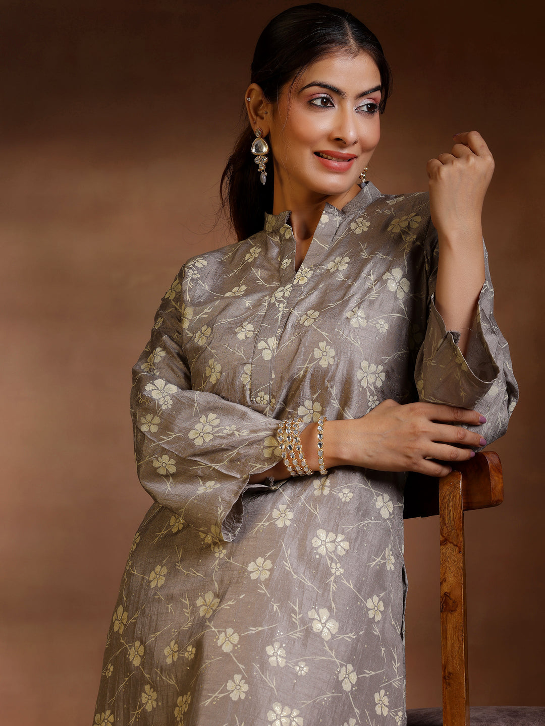 Grey Printed Silk Blend Straight Kurta Set