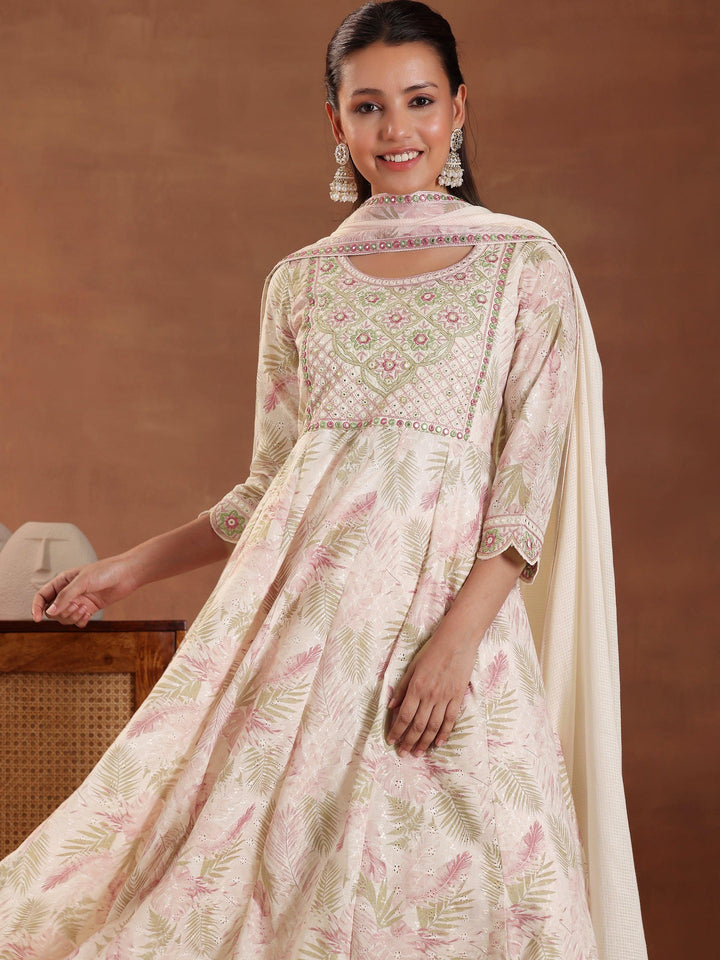 Pink Embroidered Pure Cotton A-line Kurta With Trousers & Dupatta