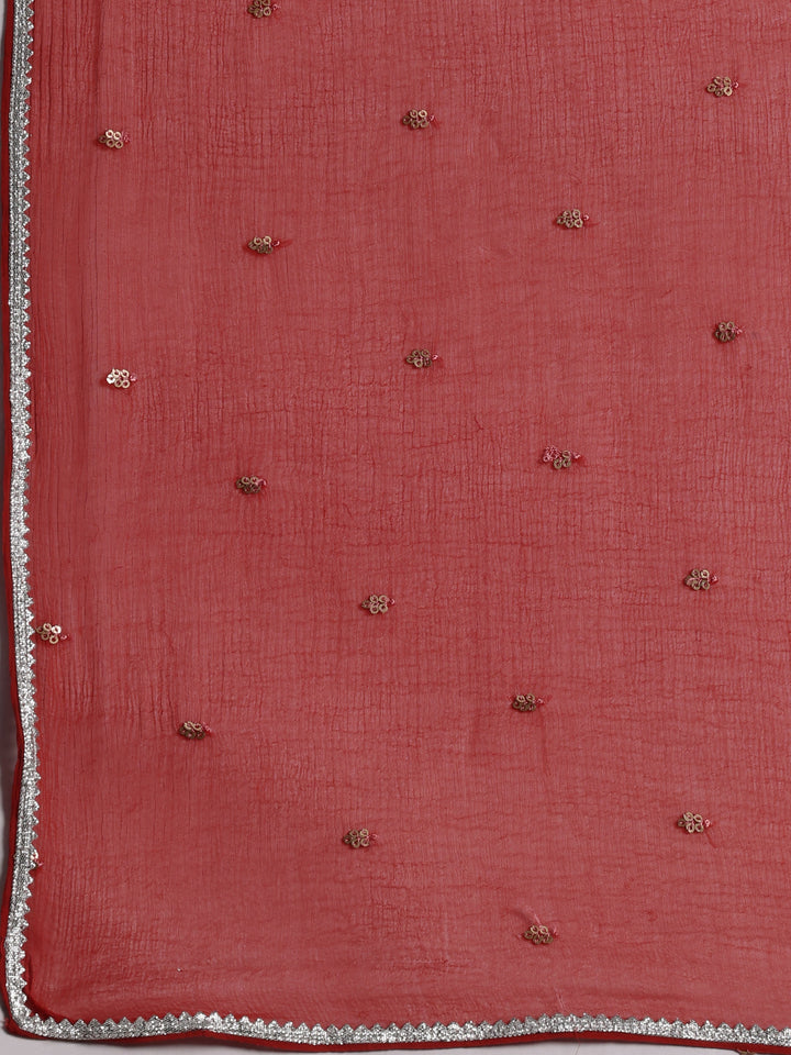 Red Printed Cotton Anarkali Suit With Dupatta