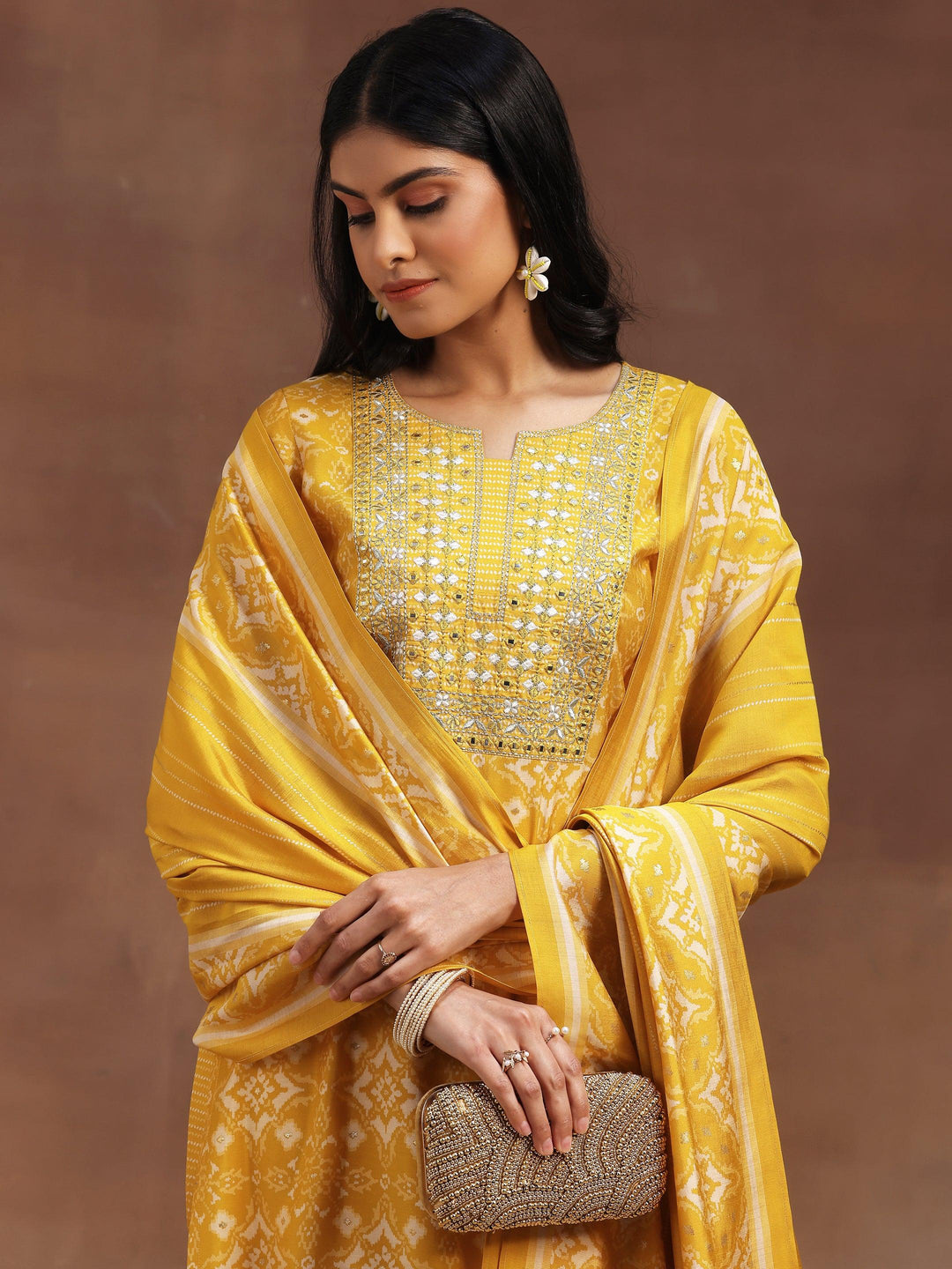 Yellow Printed Silk Blend Straight Suit With Dupatta
