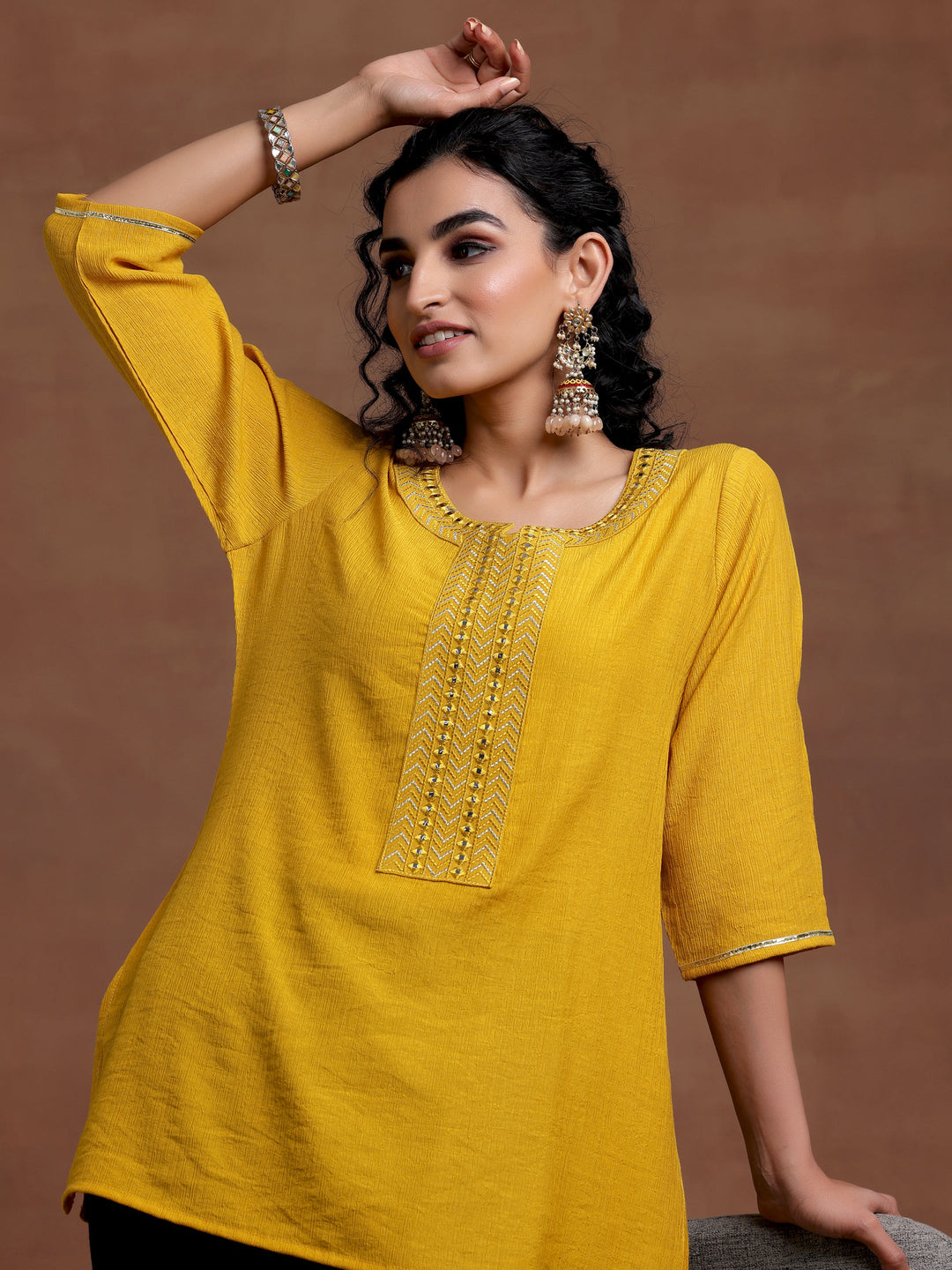 Mustard Self Design Cotton Blend Kurti
