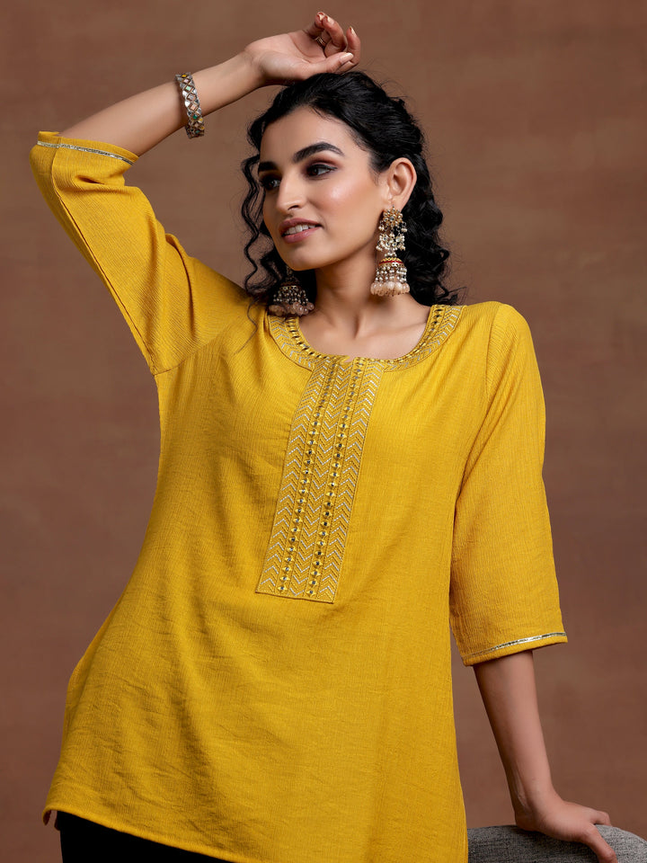 Mustard Self Design Cotton Blend Kurti