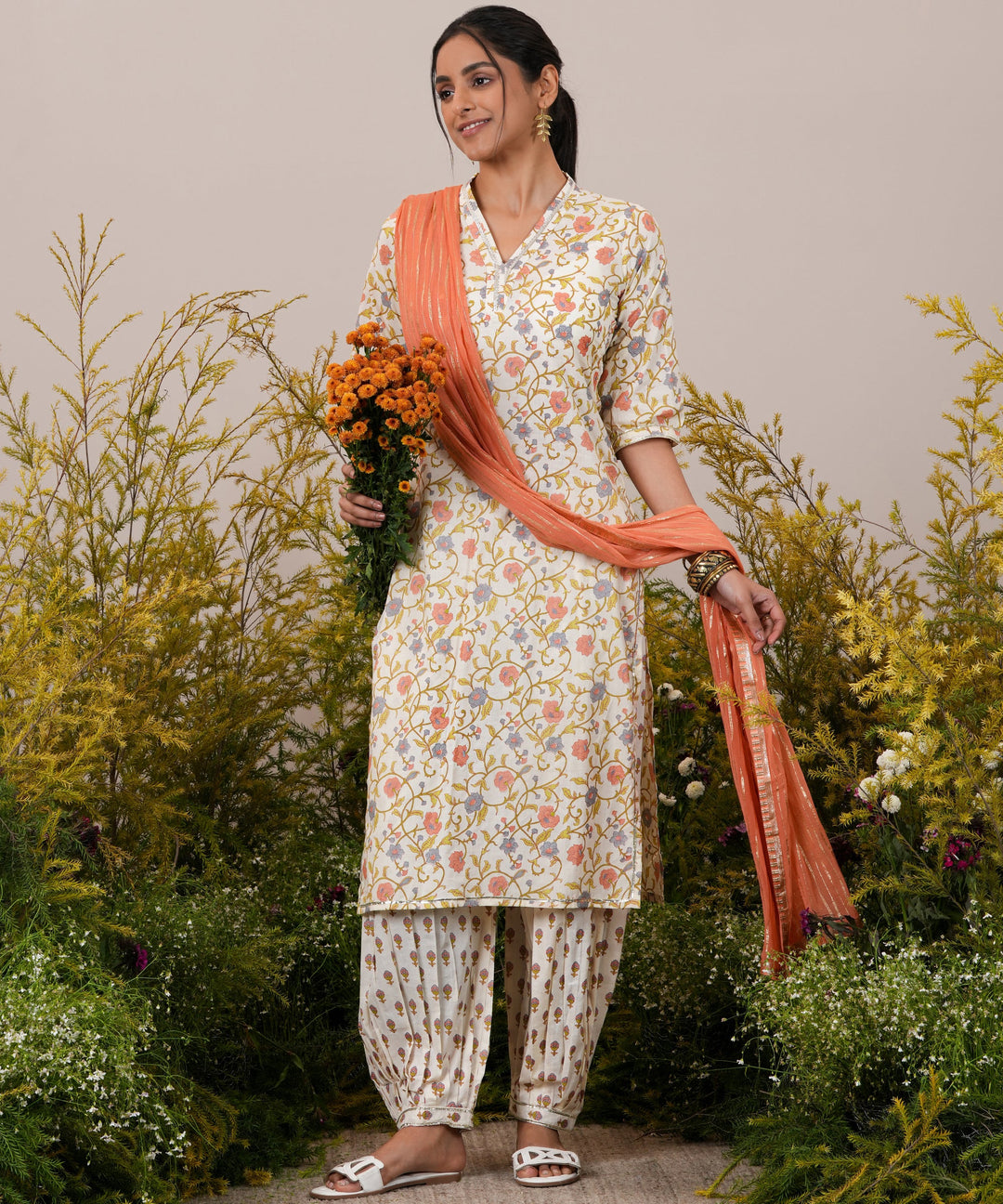 Off White Printed Cotton Straight Kurta With Salwar & Dupatta - ShopLibas