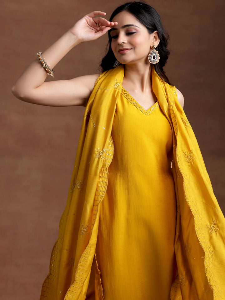 Mustard Solid Silk Blend Straight Suit With Dupatta
