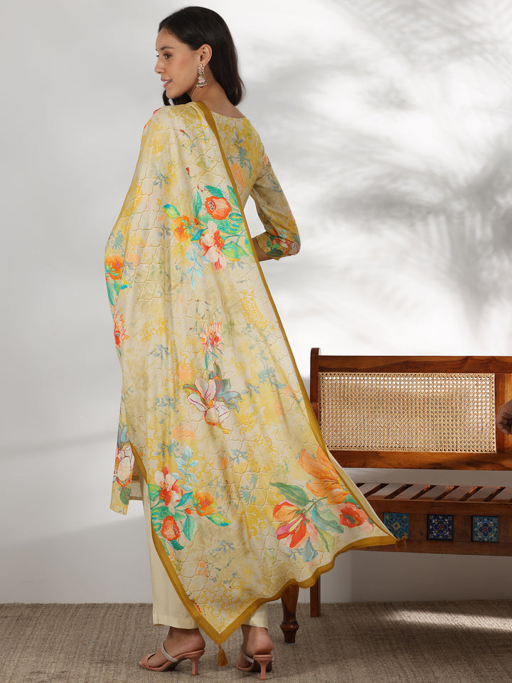 Beige Printed Muslin Straight Suit With Dupatta