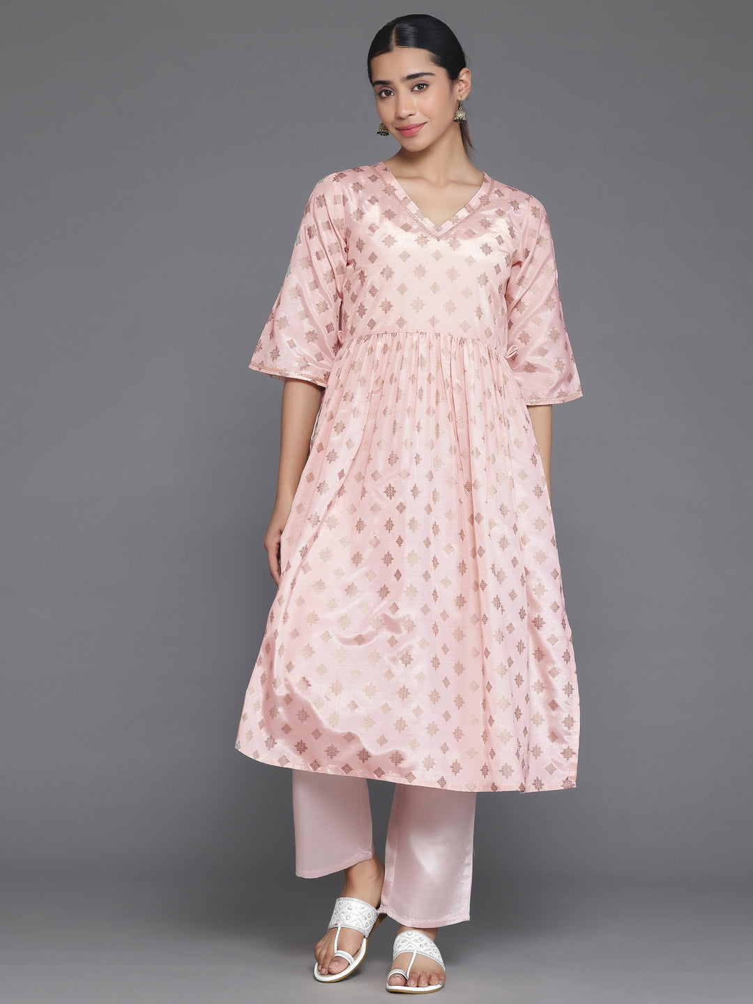 Peach Printed Silk Blend A-Line Kurta With Trousers