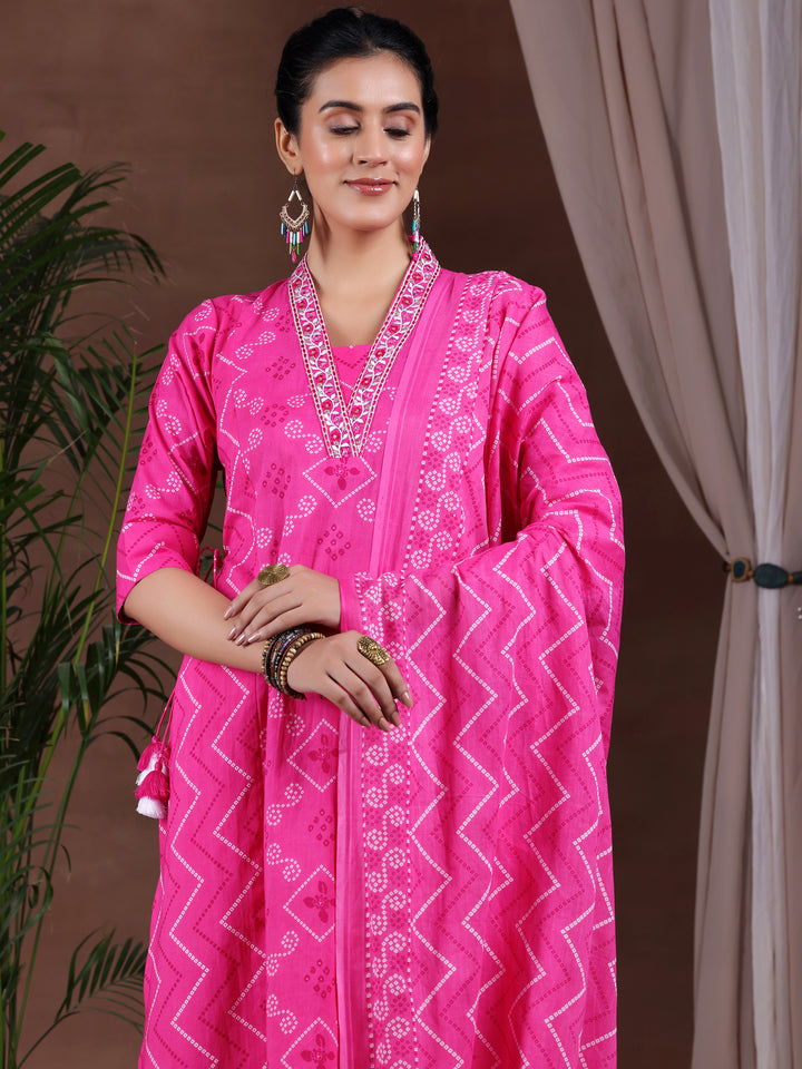 Pink Printed Cotton A-Line Kurta With Salwar & Dupatta