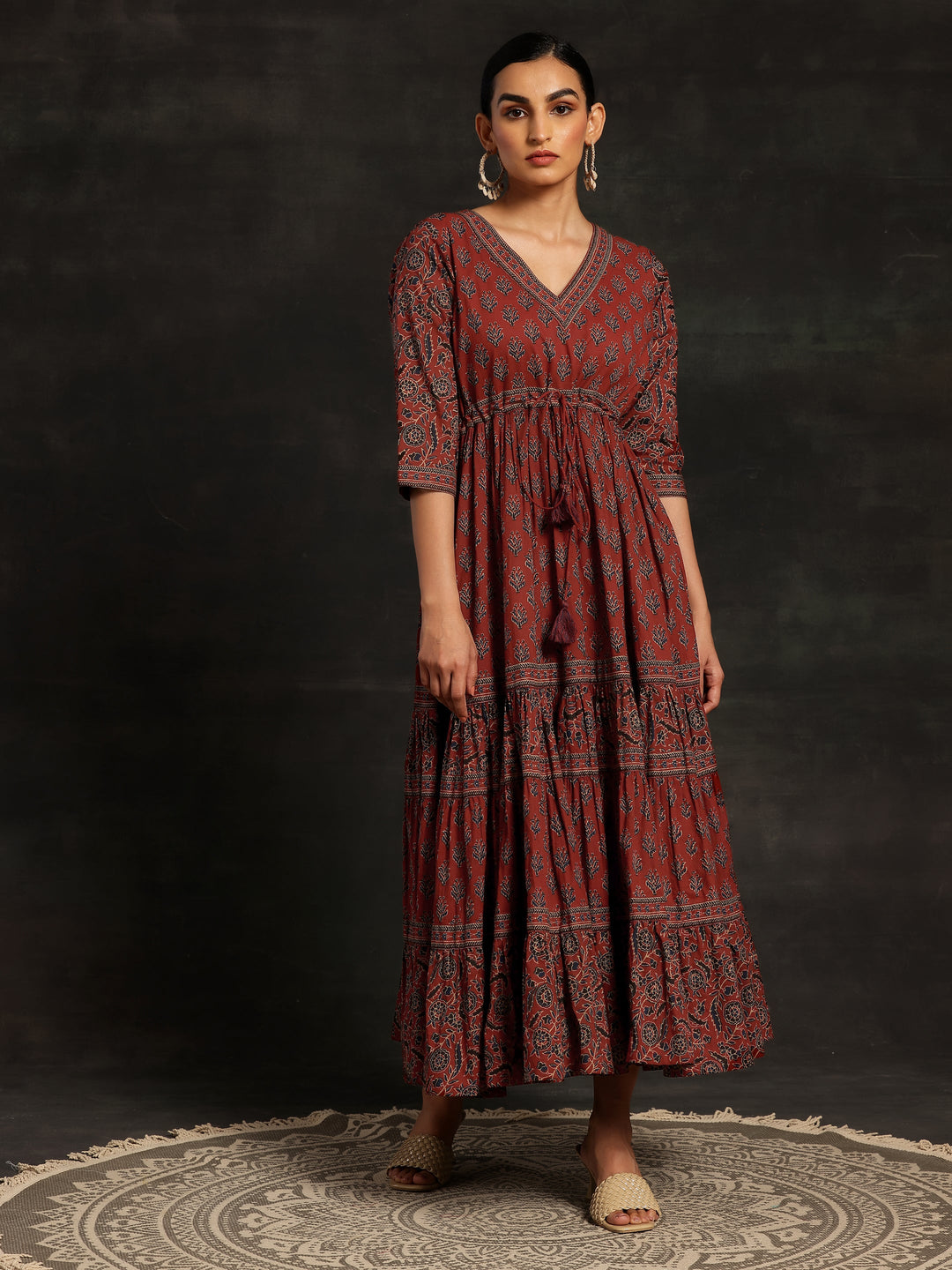 Maroon Printed Cotton A-Line Dress